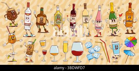 Cartoon groovige Alkohol- und Getränkekennzeichen von Retro-Hippie-Flaschen und -Gläsern, Eiswürfeln und Trinkhalmen. Vektor-grooviger Wein, Champagner, Whiskey und Tequila, Wodka, Rum und Yerba Mate Stock Vektor