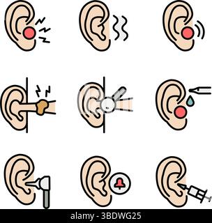Otitis-Symptome und Behandlungssymbole eingestellt. Menschen mit Ohrenschmerzen, Tinnitus, Hörverlust und Infektionen, Ohrentropfen, Medikamenten und Hören A Stock Vektor