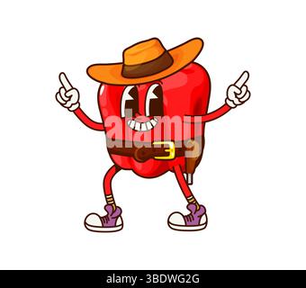 Grooviger Pfeffer Cowboy oder Wild West Bandit Charakter, Comic Vektor Gemüse. Lustige groovige Glockenpfeffer in Western Cowboyhut, Texas Sheriff in Sombrero mit Revolverpistole in Bandoleer und Happy Face Stock Vektor