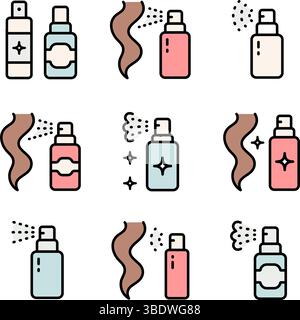 Farbsymbole für Haarpflege Kosmetik eingestellt. Haarspray Vektorzeichen des Schönheitssalons der Frau. Trockenes Shampoo, Conditioner, Haarmasken-Linienzeichen. Frau Gesundheit Haarwagen Stock Vektor