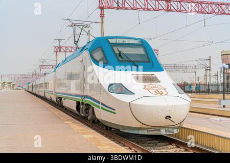 Ein Zug sitzt auf den Gleisen eines Bahnhofs Stockfoto