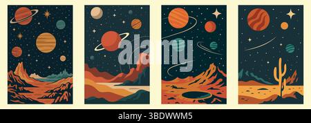 Vektische Vintage Farbige Raumfahrtplakate. Außerirdische Landschaften, Planeten, Asteroiden, Mond, Krater Space Illustration Set. Stock Vektor
