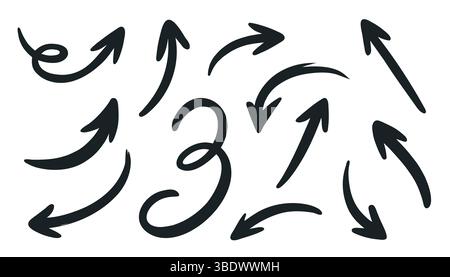 Handgezeichnete Pfeile Sammlung Set einfache flache Pfeile isoliert auf weißem Hintergrund. Stock Vektor