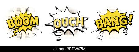 Komische Sprechblasen, isoliert auf Hintergrund. Vektor-Zeichentrickillustration von gelben Retro-Textwolken. Stock Vektor