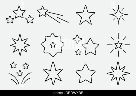 Linie Stern Glitter Glanz von Doodle Set. Star Shine Glow, Funke Glitter, Glitzerlicht Vektorgrafik. Handgezeichnete Skizze im Doodle-Stil. Stock Vektor