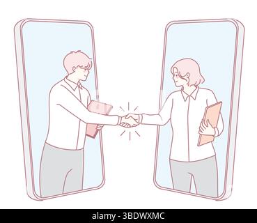 Eine zeitgenössische Illustration, die einen virtuellen Handschlag zwischen zwei Profis zeigt, die jeweils ihre Smartphones nutzen Stock Vektor