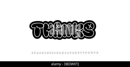 Vielen Dank an die Abonnenten, kreativer Dankestext im Graffiti-Blasenstil. Fröhliche bunte Stadttypografie für Grußkarte, Logo, Überschrift Stock Vektor