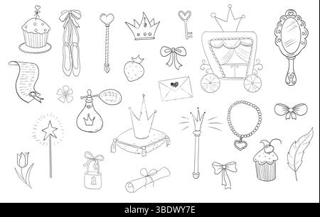 Prinzessin Set süße handgezeichnete Skizze. Magischer Feenspiegel, Wettbewerb, Krone, märchenhafte Fantasie. Königliches Accessoire. Buchstabe und Taste. Vektorabbildung Stock Vektor