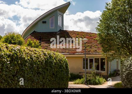 Gemeindehaus Zentrum des Öko-Dorfes Buitenkans in Almere, Niederlande, mit anthroposophischer Architektur in natürlicher Umgebung Stockfoto