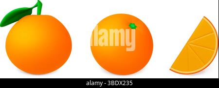 Orangen 3D-Symbole. Realistische volle Mandarine und Scheibe. Symbole für Darstellungsstile für isolierte Mandarinen. Frische, saftige Vitamin-C-Früchte zum Nachtisch und für Getränke Stock Vektor