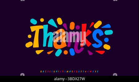 Vielen Dank für die Abonnenten, festlicher Zeichentricktext mit farbenfrohen Konfetti-Spritzern. Fröhlich verspielte Typografie für Grußkarte, Schlagzeile, Kinderparty oder Stock Vektor