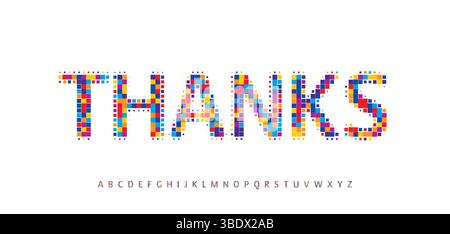 Vielen Dank an die Abonnenten, farbenfroher Text mit Pixelmosaik und verspieltem geometrischem Stil. Fröhliche, lebendige Typografie für Grußkarten, Schlagzeilen, Partys oder Stock Vektor