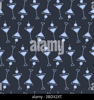 Markante Martini-Gläser und trendiges Cherry Seamless Pattern Hellblau vor dunklem Hintergrund des Bartender Day. Isolierter Vektor Hintergrund Design Grußkarten, Posting, Etikett oder Promo Banner, Faltblatt Stock Vektor