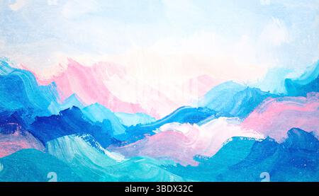 Ein abstraktes Aquarellgemälde mit leuchtenden Blau-, Rosa- und Pastelltönen, die sich zu wellenartigen Formen verschmelzen und an ein ruhiges und traumhaftes atmos erinnern Stockfoto