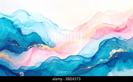 Ein faszinierendes abstraktes Aquarellbild in Blau, Rosa und Gold mit sanften Wellen auf einem strukturierten weißen Hintergrund, das einen ausstrahlt Stockfoto