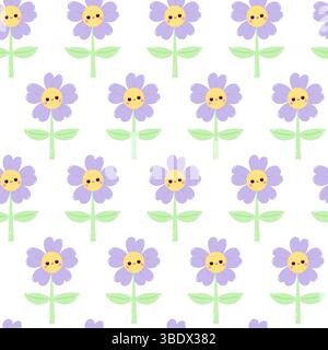 Niedliches, nahtloses Muster mit lila Blüten. Kawaii, violette Blüte. Stock Vektor