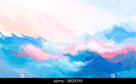 Ein abstraktes Aquarellgemälde mit sanften blauen und rosa Wellen, die sich auf einem strukturierten weißen Hintergrund verschmelzen und an eine ruhige und tr erinnern Stockfoto