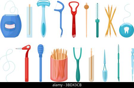 Zahnstocher und Zahnseide. Elemente der Zahn- und Mundhygiene, Plastik-Holzzahnstocher und -Bürsten. Isolierte verschiedene stomatologische Gegenstände, neoterisch Stock Vektor
