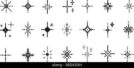 Pixel funkelnde Sterne. Y2K-Elemente, isolierte schwarze Funkeln und leuchtende 8-Bit-Zeichen. Retro-Design, ästhetische Dekorationen, neoterische Vektoren Stock Vektor