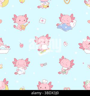 Nahtloses Axolotl-Muster. Dekorativer Baby-Hintergrund, Druck mit lustigen rosa Cartoon-Axolotls für Stoff oder Tapete. Mexikanische Salamander heutzutage Stock Vektor