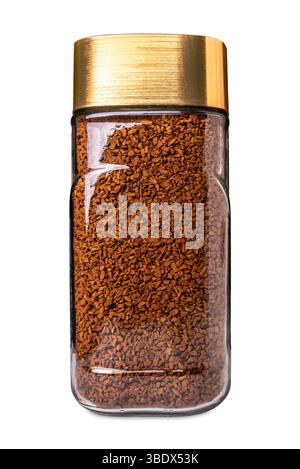 Instantkaffee in Glasgefäß mit goldenem Deckel isoliert auf weiß mit Schneidepfad im Lieferumfang enthalten Stockfoto