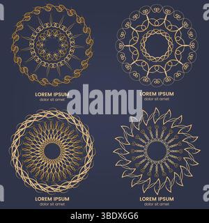 Set aus vier geometrischen runden Elementen im Vintage-Stil. Vektor-Goldmonogramm auf dunkelblauem Hintergrund. Vektorabbildung Stock Vektor