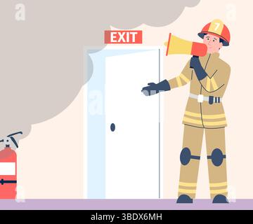 Notevakuierung im Brandfall. Bohrer, Rauch aus Feuer und Notausgang. Uniformierter Feuerwehrmann mit Megaphonpunkten, um die Tür zu öffnen, Vektor Stock Vektor
