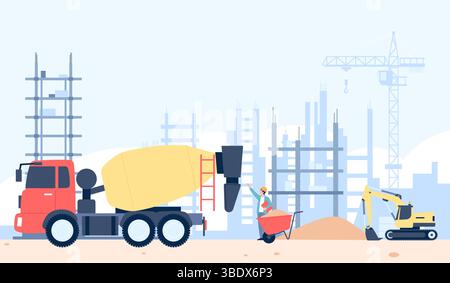 Bauprozess auf Baugrund. Spezialtransport, Sandpfahl und Baumeister. Betonmischer, LKW, Bauarbeiten im neuen Viertel, Vektor Stock Vektor