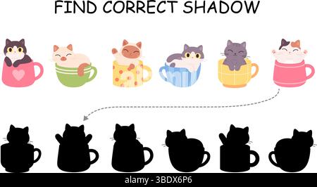 Finde das richtige Katzenschattenspiel. Niedliche Zeichentrickkätzchen in Tassen und schwarzen Schatten. Vorschulkinder Bildung Aufmerksamkeitsspiel, Vektorvorlage Stock Vektor