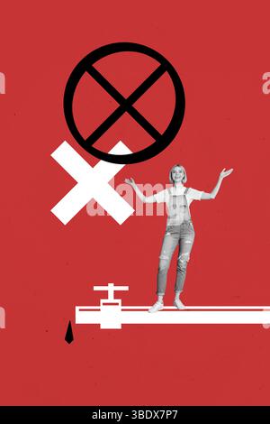 Trendkunstwerk Composite Banner 3D Fotocollage der jungen Dame Stand Ölpfeife stoppen Logistik Transport Schifffahrt Industrie Wirtschaft Handel Stockfoto