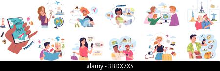 Reiseplan für Personen. Mann und Frau Urlaub Reiseplan, Tourismus Forschung Planung logistische Karte Reservierung Hotel oder Flugticket in Telefon Buchung App, klassische Vektor Illustration Original Kunstwerk Stock Vektor