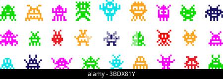 Eindringlinge im Pixelraum. Retro Arcade Spiel Alien Charaktere, Invader Roboter Monster Alien Virus Raumschiff Kampf Vintage Galaxie Videospiel 8 Bit Kunst Icon Set, Swanky Vektor Illustration Original Artwork Stock Vektor