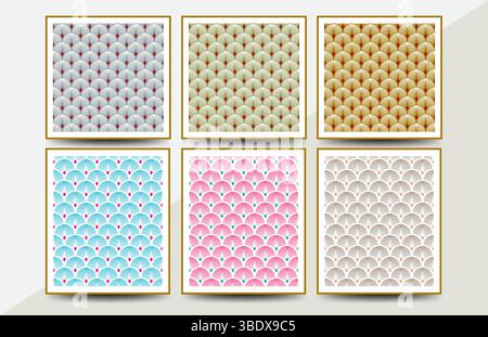 6er-Pack mit Muschelmustern im japanischen Stil mit dezenten Texturen und weichen Farben. Ideal für Papier-, Verpackungs- oder Stoffdesign Stock Vektor