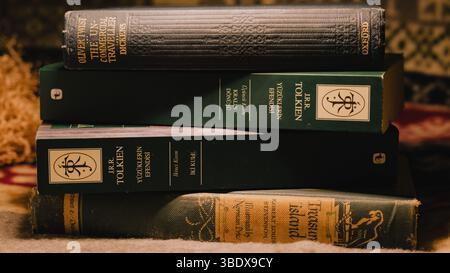 Ein Stapel klassischer alter Literaturbücher mit Blick auf die Wirbelsäule in einer Vintage-Atmosphäre Stockfoto