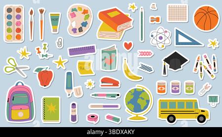 Lustige und farbenfrohe Zeichentrickaufkleber für das Back-to-School-Thema. Umfasst Schreibwaren, Studentenmütze, Schulbus, Bücher, Notizen, und Rucksack. Kunst, Handwerk Stock Vektor