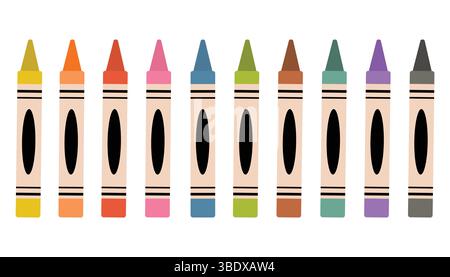 Set aus bunten Pastellkreiden im flachen Zeichentrickstil. Jeder Buntstift erscheint in einem anderen leuchtenden Farbton, der klar angeordnet ist, um Variie zu präsentieren Stock Vektor