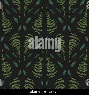 Nahtloses Muster mit getrockneten grünen Farnblättern auf schwarzem Hintergrund. Tapete mit wilden Waldpflanzen. Boho-botanische Textur. Stock Vektor