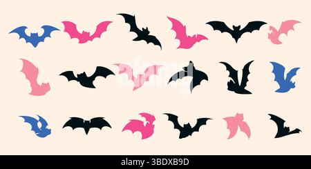 Halloween Set von fliegenden Fledermäusen mit rosa, blauen und schwarzen Farben auf cremefarbenem Hintergrund. Skurrile, gruselige Fledermaus-Silhouetten in weichem Beige Stock Vektor