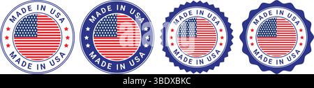 Set mit vier „Made in USA“-Emblemen mit amerikanischer Flagge und kreisförmigen blauen Rändern, die für die Ursprungskennzeichnung und die Produktauthentizität verwendet werden Stock Vektor