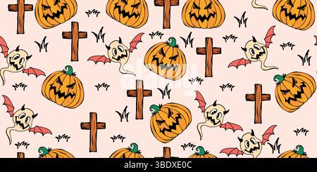 Niedliches Halloween-Muster mit Kürbissen, geisterhaften Fledermäusen und hölzernen Kreuzen auf weißem Hintergrund. Verspielte Zeichentricksymbole in einem nahtlosen Hintergrund Stock Vektor