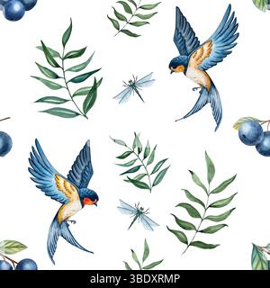 Nahtloses Aquarellmuster mit Schwalben, Heidelbeeren und Waldzweigen Stockfoto
