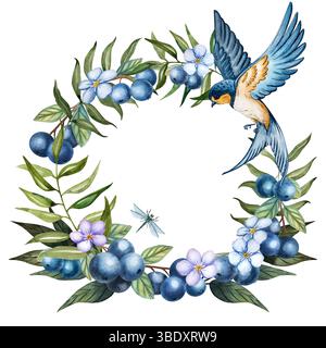 Aquarellkranz mit Schwalbe, Heidelbeeren, Ästen und Libelle Stockfoto