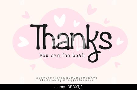 Danke mit weichen Herzen in pastellfarbener Wolke. Niedlicher handgeschriebener Stil, perfekt für Babygrüße, romantische Notizen oder zarte feminine Schreibwaren. Vektor Stock Vektor