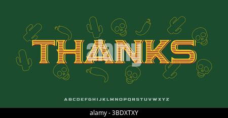 Danke - mexikanische gestreifte Schrift umgeben von Chili, Kakteen und Schädeln. Markante Folklore-Atmosphäre für fiesta-Poster, würzige Designs oder lateinische Themen Stock Vektor