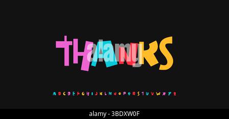 Danke im funkigen Retro-Comic-Stil mit ausdrucksstarken mehrfarbigen Buchstaben. Jugendlicher und auffälliger Look für Poster, Veranstaltungen für Kinder oder lustige Branding. Vektor Stock Vektor