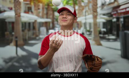 Ein junger Mann in Baseball-Uniform mit Handschuh und Ball steht selbstbewusst auf einer belebten Straße der Stadt und verkörpert den lebendigen und dynamischen Geist der Stadt Stockfoto