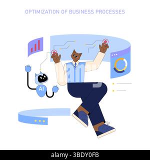 Die Abbildung zeigt die Integration von KI in die Optimierung von Geschäftsprozessen für mittelständische Manager. Sie hebt die Zusammenarbeit zwischen Technologie und Führungskräften hervor, um die Effizienz und Entscheidungsfindung zu verbessern. Stock Vektor