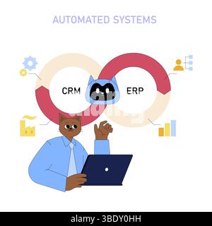 Automatisierte Systeme verbessern mittelständische Geschäftsprozesse und integrieren CRM und ERP für optimierte Abläufe. Effizienz bei Management und Datenfluss unterstützt fundierte Entscheidungen und Wachstum. Stock Vektor