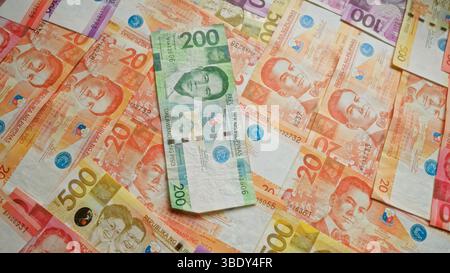 Die philippinischen Banknoten sind verstreut und zeigen verschiedene Pesos-Stückelungen, die die farbenfrohen Devisendesigns der philippinen hervorheben. Stockfoto