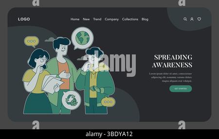 Illustration zum Bewusstsein des Erdtags, in der Einzelpersonen Umweltprobleme diskutieren. Die Szene unterstreicht die Bedeutung von Initiative, Bildung und Interaktion für eine nachhaltige Zukunft. Vektorabbildung. Stock Vektor